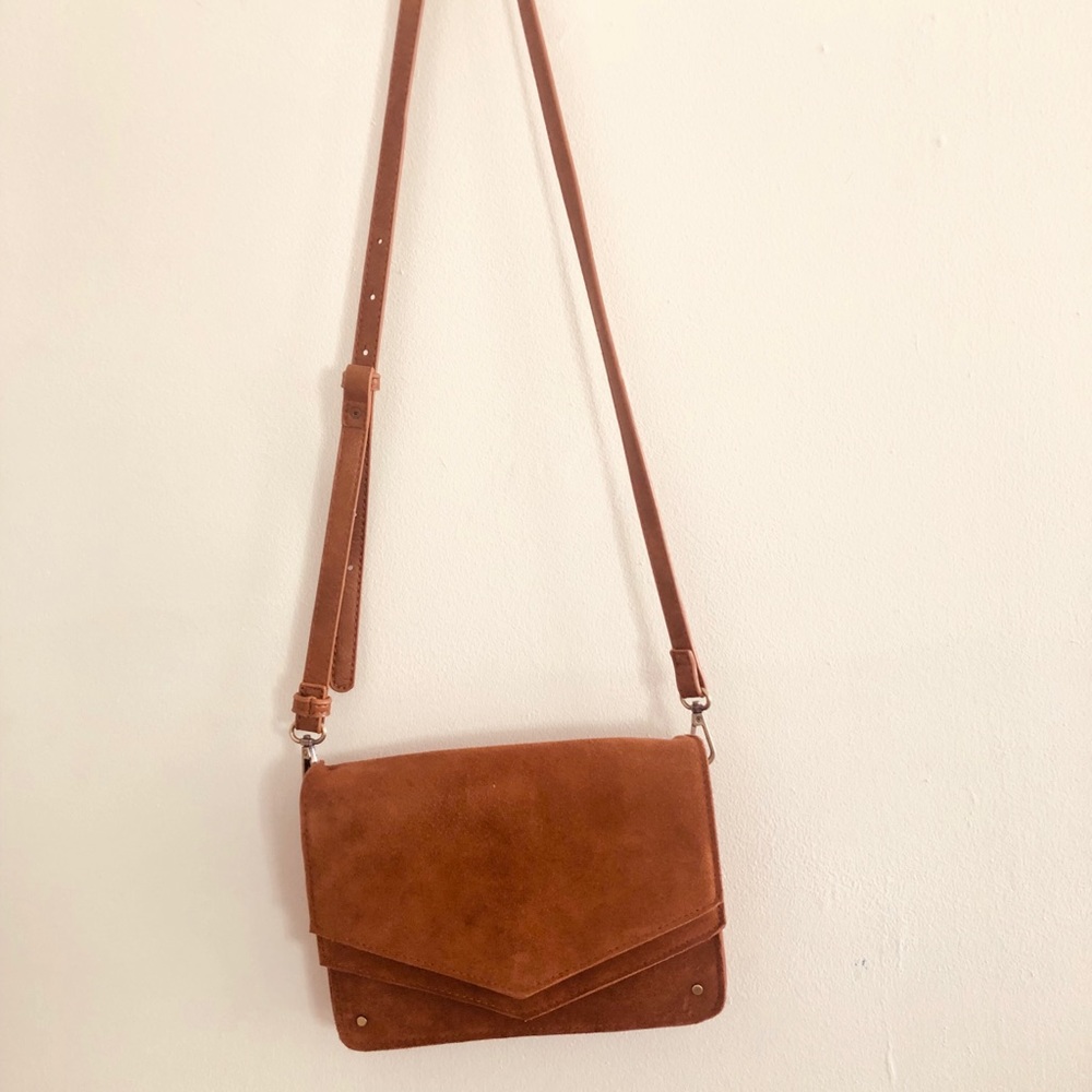 Brand new cognac suede and leather clutch